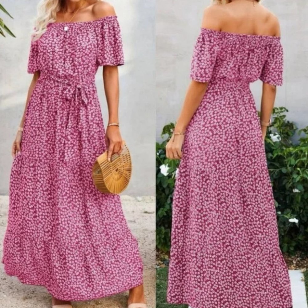 PINK off shoulder ruffle Floral maxi dress - Picture 2 of 6